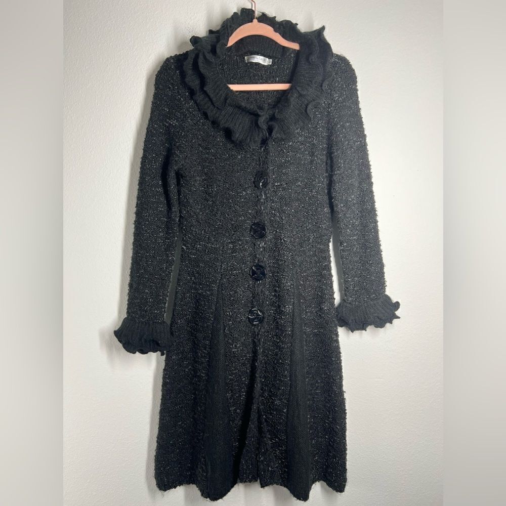 Patrizia Luca Milano Boucle Ruffle Button Down Cardigan Sweater Size M Black